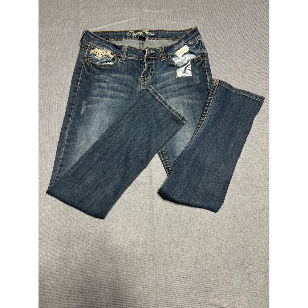 Request Jeans Denim Pants Women 13/32 Blue Embroidered Studded Wing Pockets